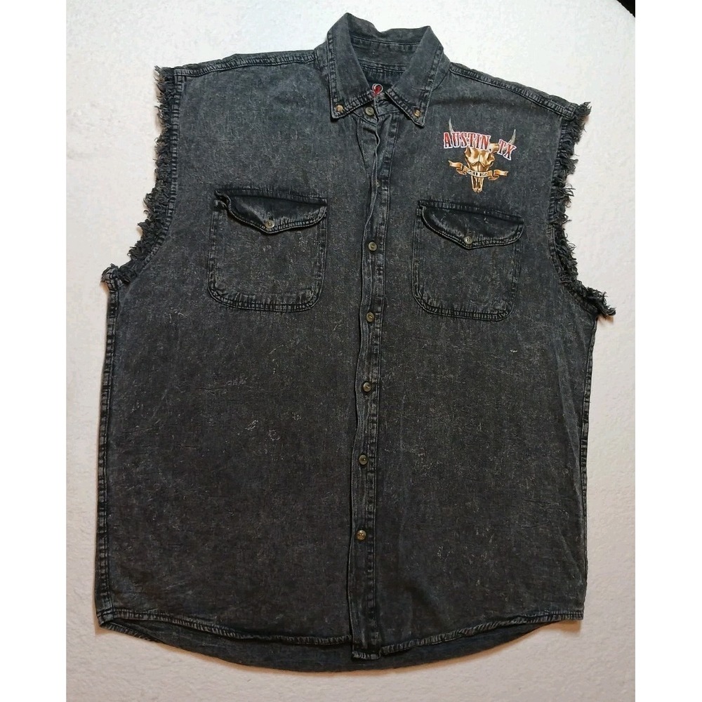 Bikers Club Austin TX 2012 Denim Vest Mens 2XL Black Acid Wash Sleeveless Shirt
